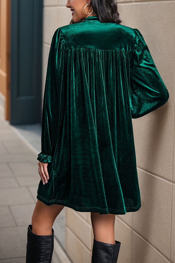 Solid Color Velvet V-Neck Long Sleeve Loose Mini Dress