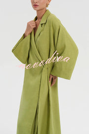Linen Blend Solid Color Casual Lapel Tie Loose Maxi Dress