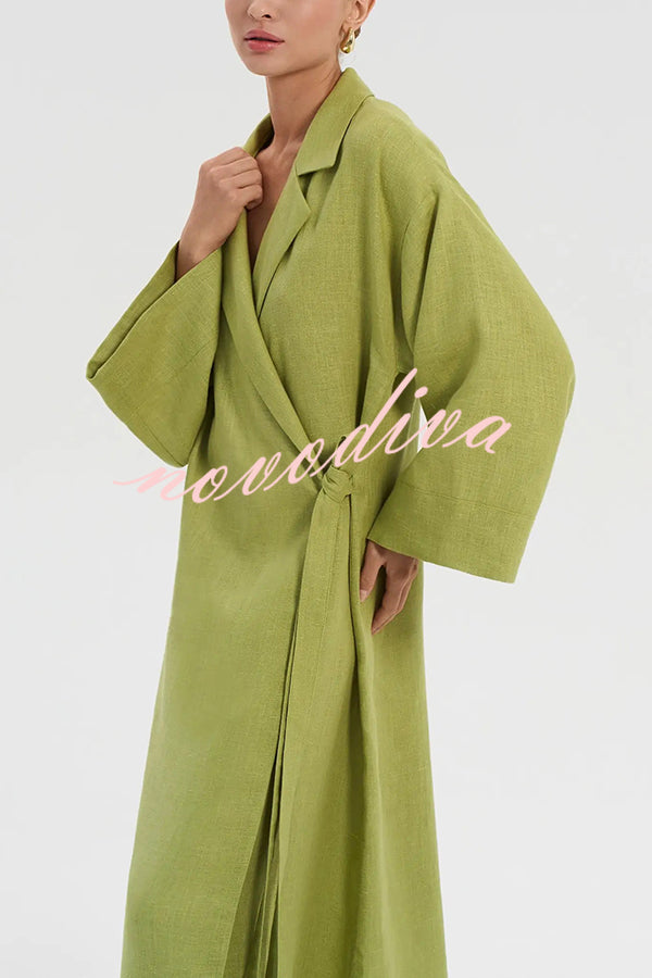 Linen Blend Solid Color Casual Lapel Tie Loose Maxi Dress