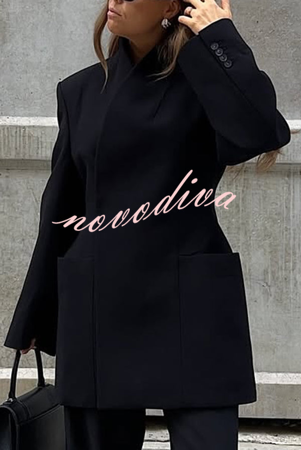 Solid Color Lapel Long Sleeve Casual Pocket Long Blazer