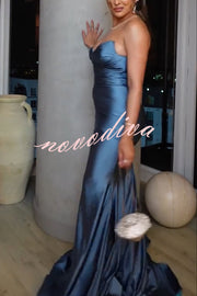 Jessica Satin Off Shoulder V-neck Ruched Detail Fishtail Maxi Dress