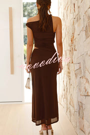 Solid Color Mesh Splicing Waist-baring Slim Maxi Dress