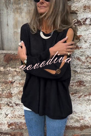 Solid Color Round Neck Hollow Long Sleeve Loose Knitted Sweater