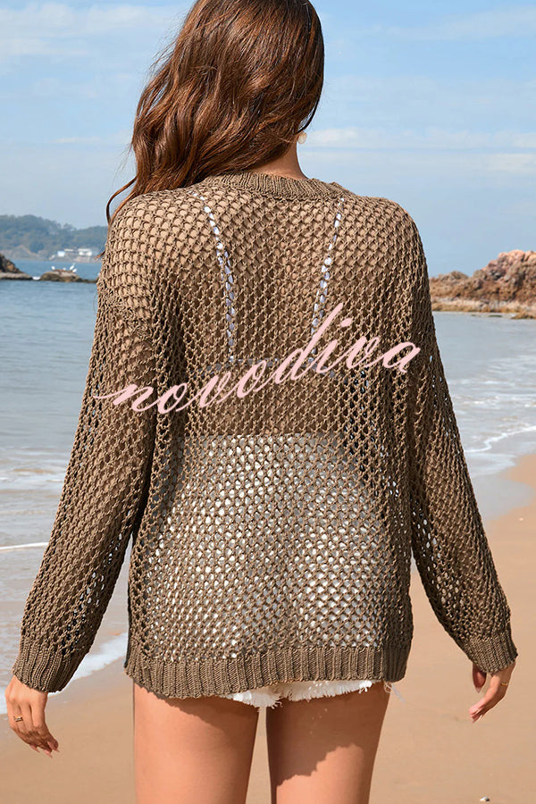 Solid Color Round Neck Long Sleeve Heart Knitted Beach Cover Up