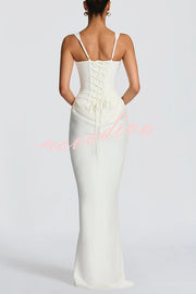 Larrah Square Neck Back Lace-up Satin Drape Hem Maxi Dress