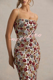 The Center of Attention Floral Print Sequin Square Neck Slip Stretch Maxi Dress