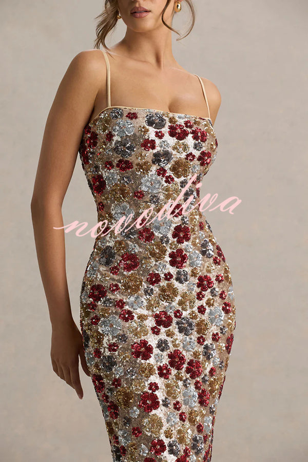 The Center of Attention Floral Print Sequin Square Neck Slip Stretch Maxi Dress