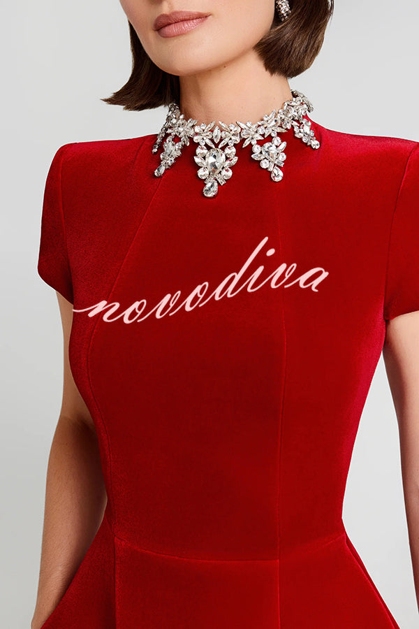 Regan Luxurious Velvet Jewel-encrusted Turtleneck Short Sleeve Pocket Tulip Mini Dress