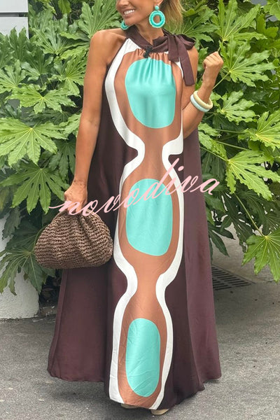 Unique Print Sleeveless Halter Neck Loose Holiday Maxi Dress