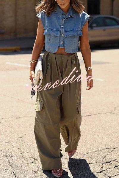 Great Week Pleated Elastic Waist Zipper Pocket Wide Leg Cargo Pants