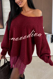 Comfy and Sweet Knit Lace Patchwork Hem Wide Neck Long Sleeve Loose Sweater