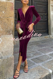 Elisabeth Luxurious Velvet Padded Shoulders Long Sleeve Twist Waist Drape Midi Dress