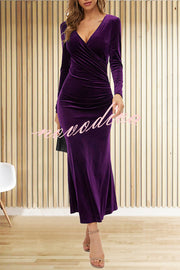 Solid Color Velvet Long Sleeve V-neck Slim Fit Fishtail Maxi Dress