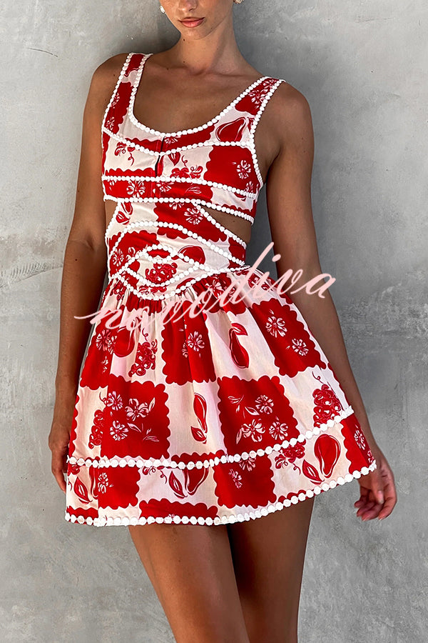 Holiday Colors Ric Rac Trims Unique Print Cutout Round Neck Mini Dress