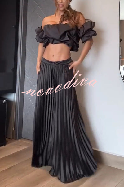 Jaelyn Off Shoulder Cloud Shape Crop Top and Waist Hollow Pleated Loose Pants Set