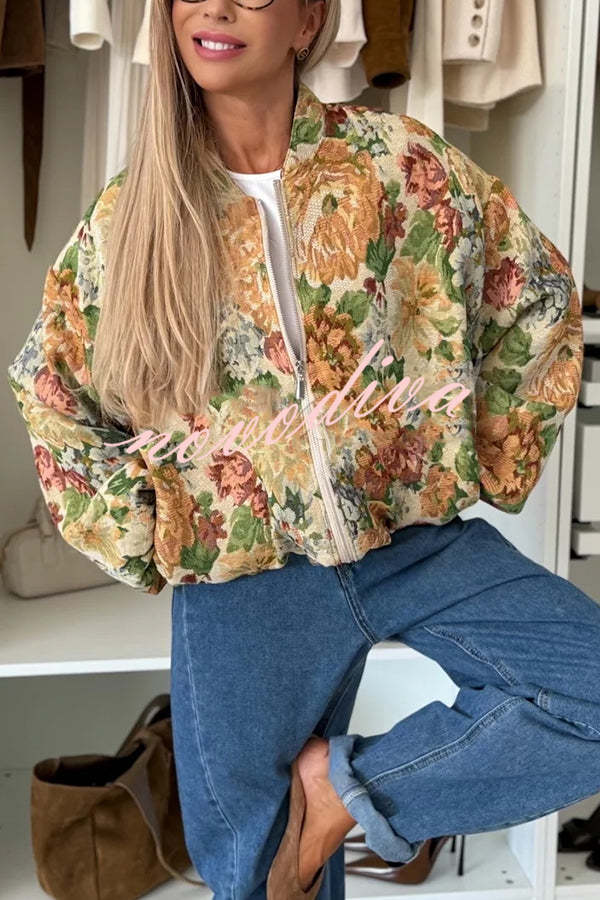 Floral Print Loose Long-sleeved Zip-up Jacket
