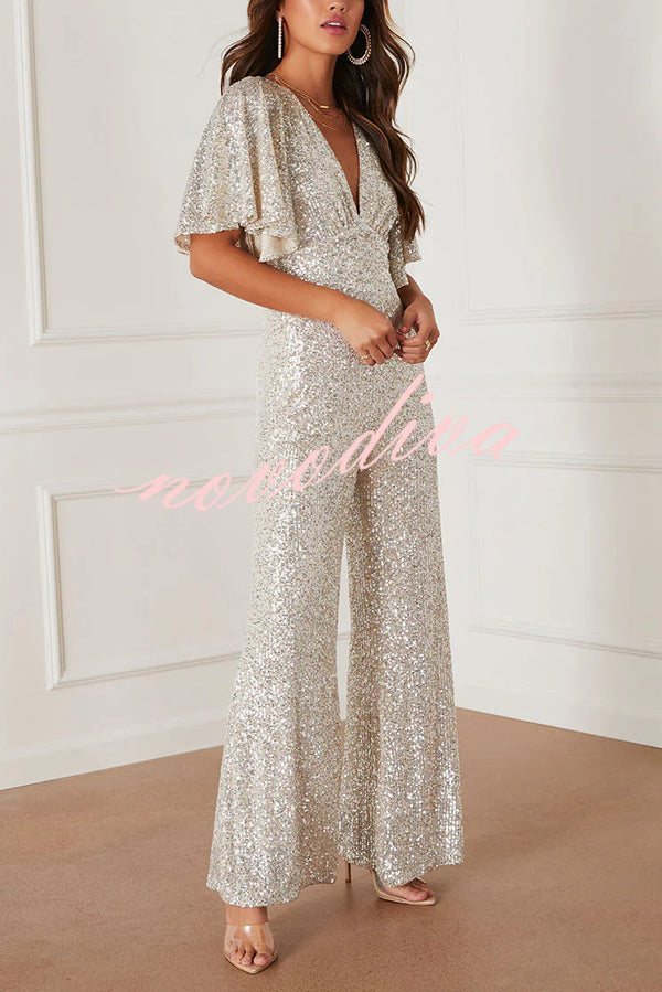 Trophy Wife Sequin Bell Sleeve Flare Stretch Jumpsuit