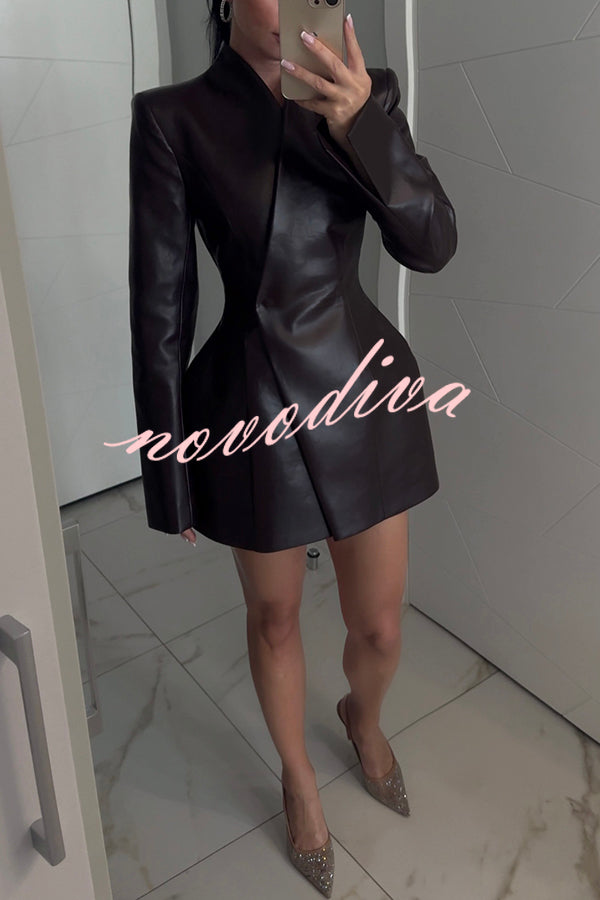 Hourglass Figure Faux Leather Stand Neck Long Slit Sleeve Mini Dress