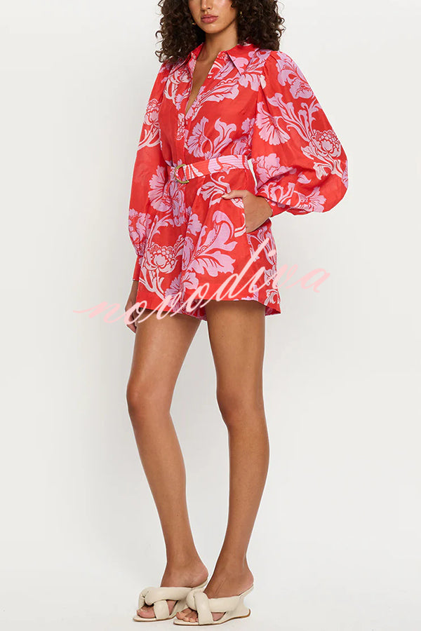 Linen Blend Botanical Print Lapel Puff Sleeve Loose Tie Casual Rompers