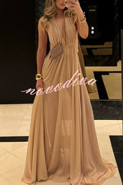 Ethereal Moment Tulle Cutout Ruched Waist Backless Halter Maxi Dress