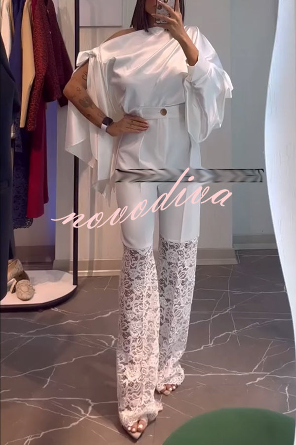 Chic Moment Satin Irregular Knot Slit Sleeve One Shoulder Loose Blouse