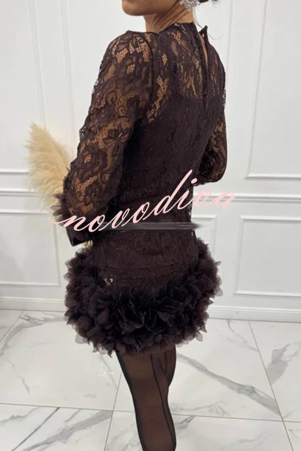 Alyssa Lace Fabric Tulle Layered Petals Trim Long Sleeve Mini Dress
