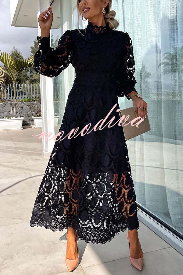 Romantic, Sensual and Elegant Crochet Lace Lantern Sleeve Party Midi Dress