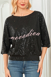 Solid Color Sequined Loose Round Neck Casual Top