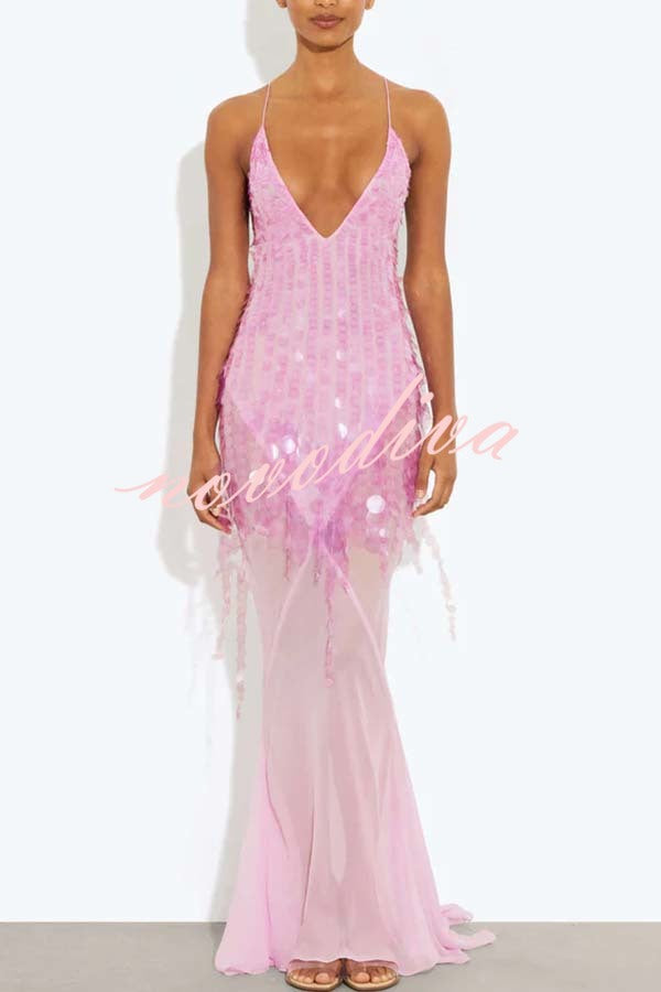 Perfect Night Sequin Embroidery Backless Drape Tulle Hem Slip Maxi Dress