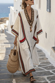 Striped Print V-Neck Casual Loose Pocket Maxi Dress