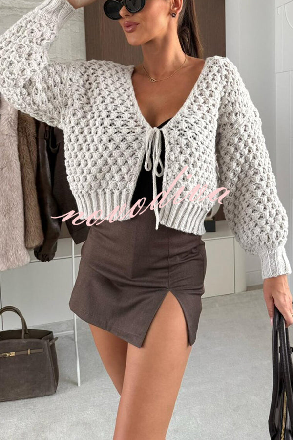 Marin Knit Hollow Texture Tie-up Neck Balloon Sleeve Relaxed Cardigan