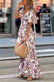Unique Print V-Neck Waist Holiday Maxi Dress