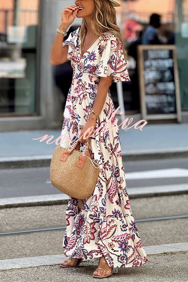 Unique Print V-Neck Waist Holiday Maxi Dress
