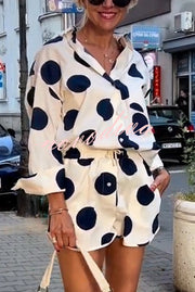 Giselle Linen Blend Polka Dot Print Lapel Long Sleeve Shirt and Elastic Waist Pocket Shorts Set