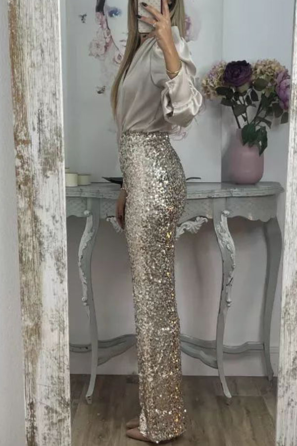 Glitzy Glamour Sequin High Rise Elastic Waist Wide Leg Pants