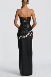 Alba Faux Leather Pleated Off Shoulder Neck Slit Stretch Maxi Dress