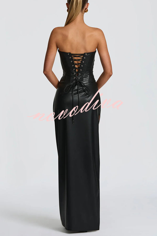 Alba Faux Leather Pleated Off Shoulder Neck Slit Stretch Maxi Dress