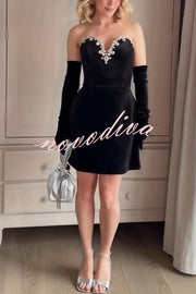 Ines Luxurious Velvet Jewel-encrusted Sweetheart Off Shoulder Neck Tulip Stretch Mini Dress
