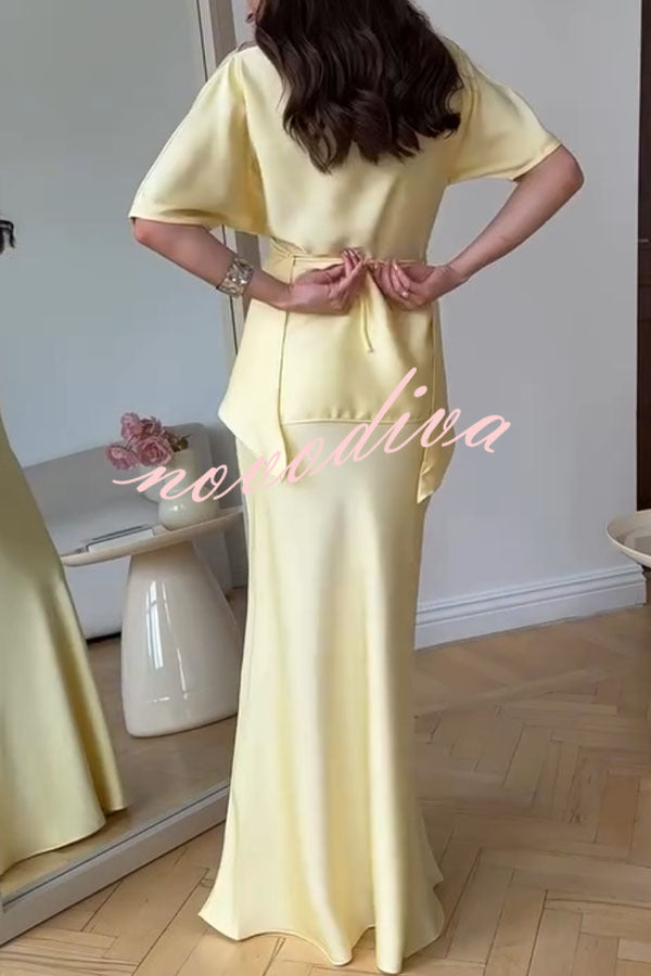 Secret of Elegance Satin Slit Back Lace-up Top and Elastic Waist Flare Maxi Skirt Set