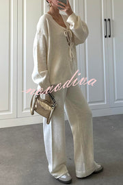Solid Color V-neck Tie Long-sleeved Loose Knit Cardigan and Elastic Waist Casual Straight Leg Pants Set