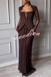 Belle Contrast Sheer Lace Fabric Patchwork Square Neck Long Sleeve Drape Maxi Dress