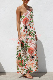 Botanical Print Elegant Strappy One-shoulder Resort Maxi Dress