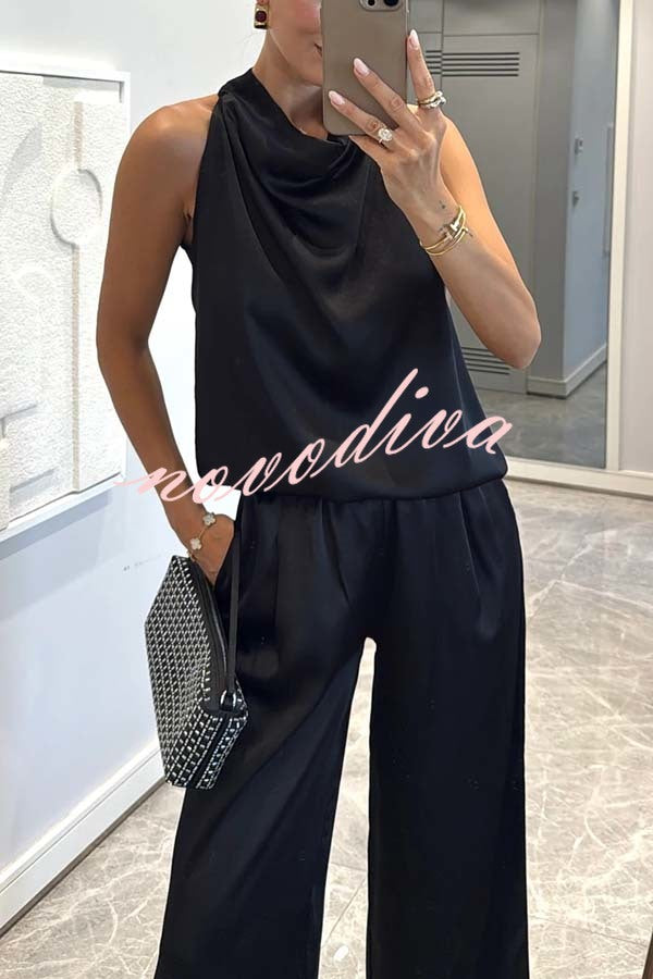 Classic on You Satin High Cowl Neck Top and Elastic Waist Pocket Loose Pants Set