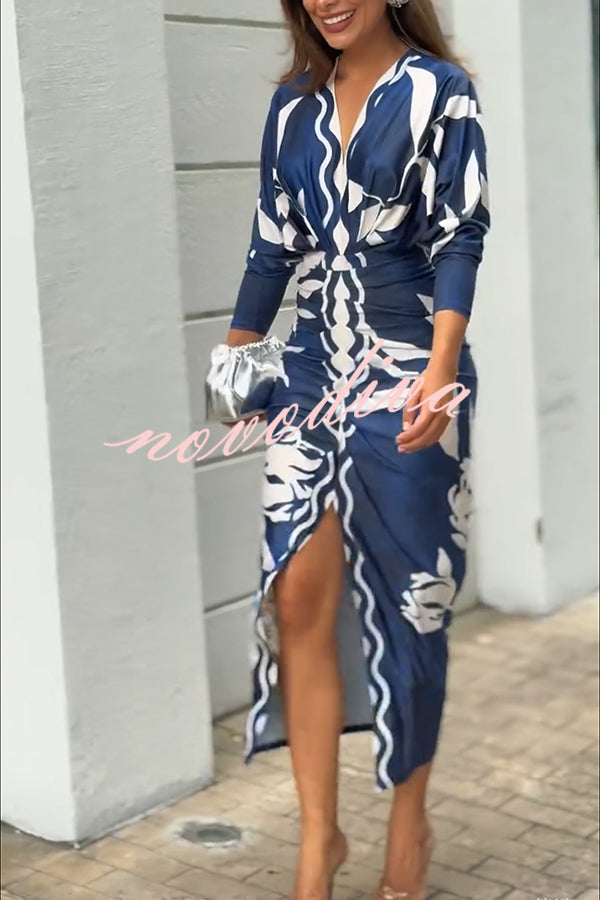 Caliana Unique Print Dolman Long Sleeve Ruched Slit Midi Dress