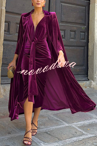 Olivienne Luxurious Velvet Padded Shoulders Slit Sleeve Lapel Midi Cape