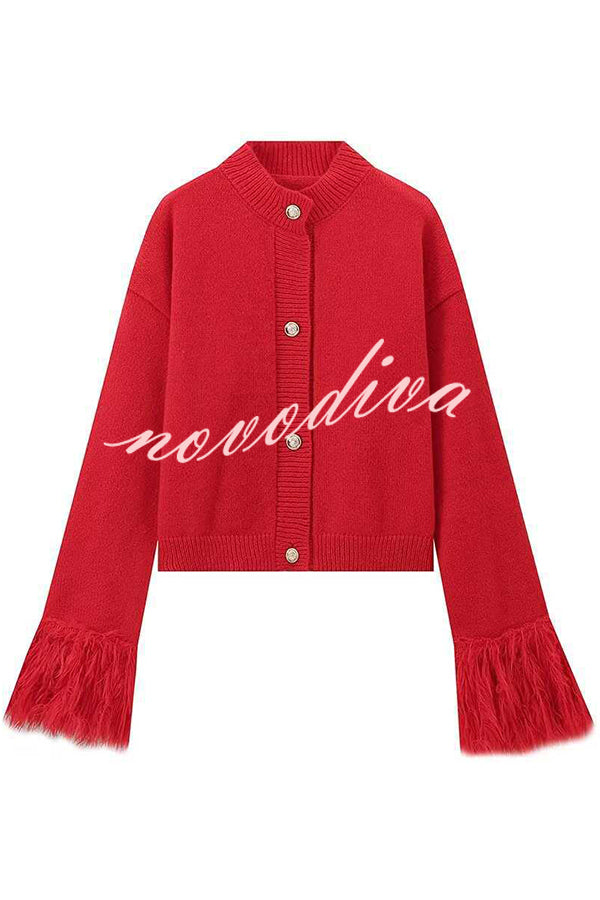 Solid Color Elegant Feather Long Sleeve Casual Knitted Cardigan