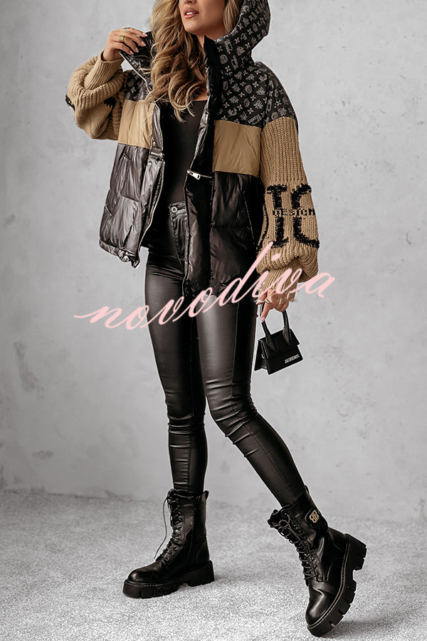 Stylish Denim Knit Long-sleeved Patchwork Hooded Pocket Thickened Jacket