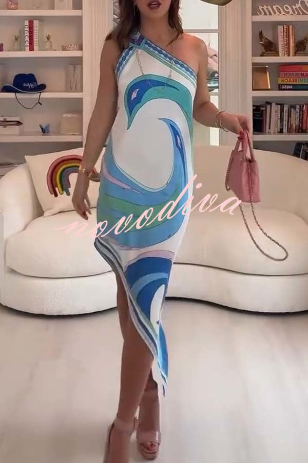 On Island Satin Unique Print One Shoulder Irregular Hem Vacation Midi Dress