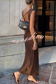 Wonderful Fusion Satin Lace Trim Poka Dot V-neck Drape Maxi Dress