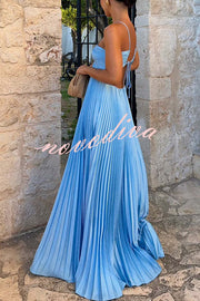 Caught Your Eyes Satin Pleated Cross Straps Cutout Flowing Maxi Dress